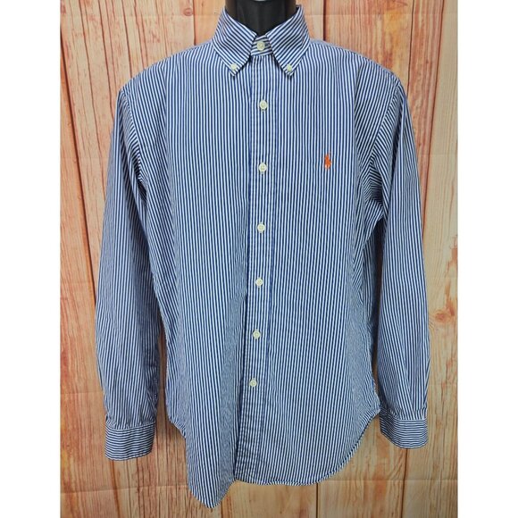 Ralph Lauren Blue Striped Button-Down Shirt Classic Fit Medium Mens Cotton - Picture 1 of 8